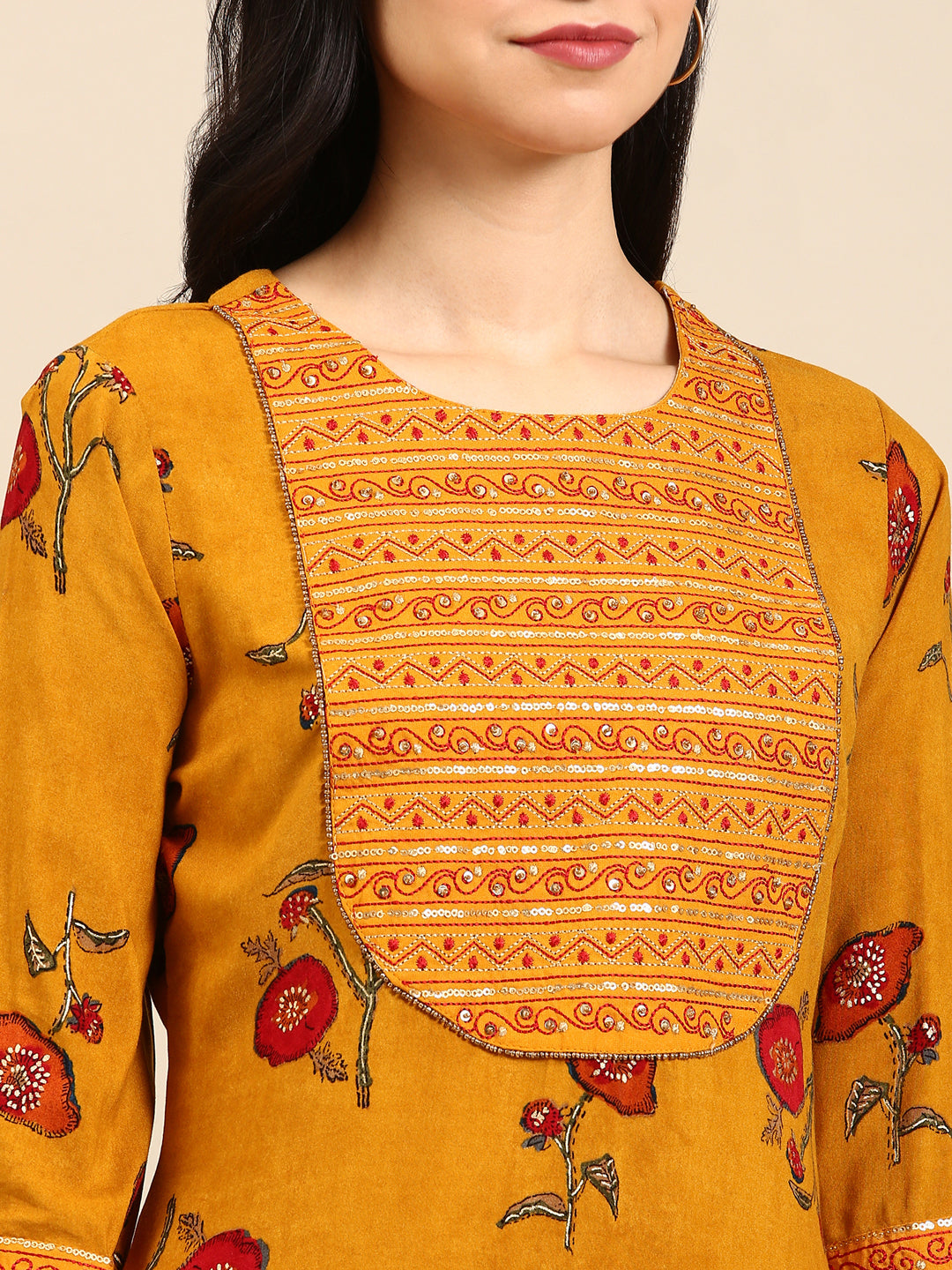 Women's Mustard Floral Kurta Set