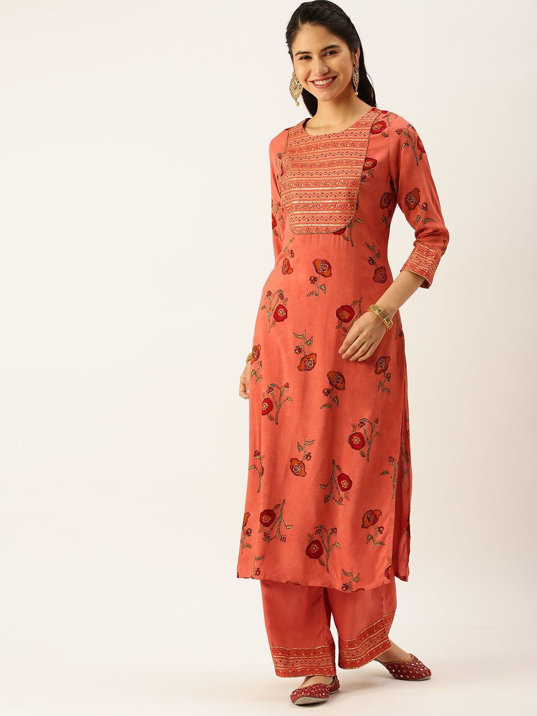 Women's Orange Printed Kurta Sets