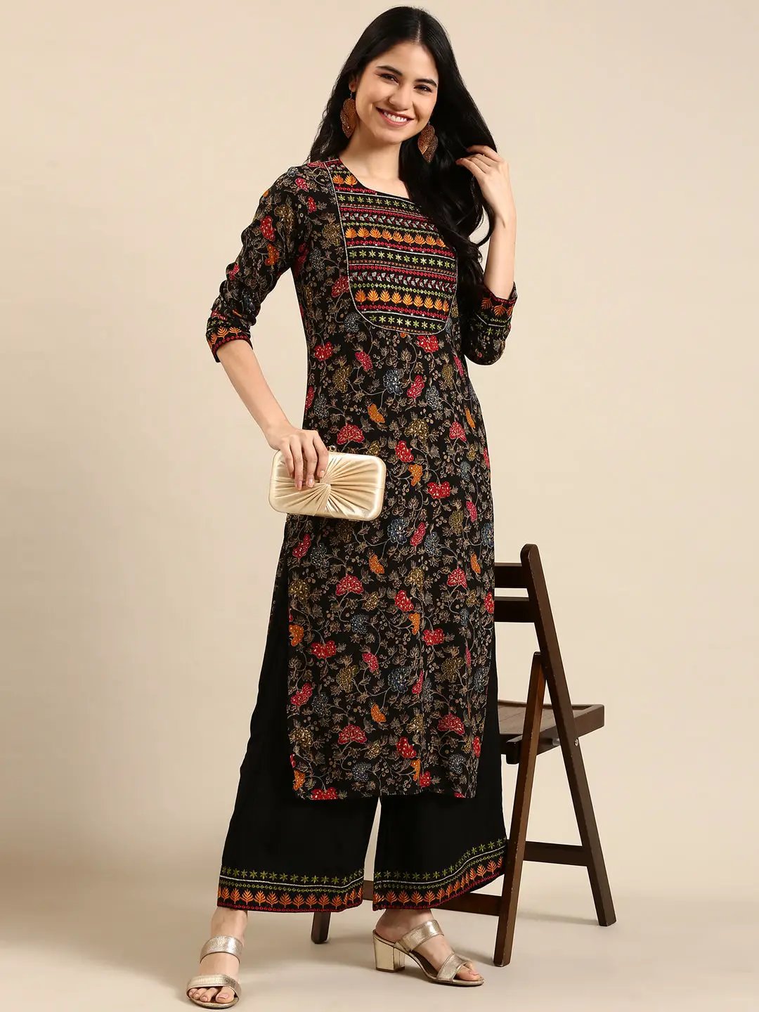 Women's Black Floral Kurta Set