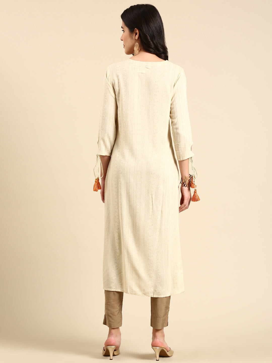 Women's Cream Embroidered Straight Kurta