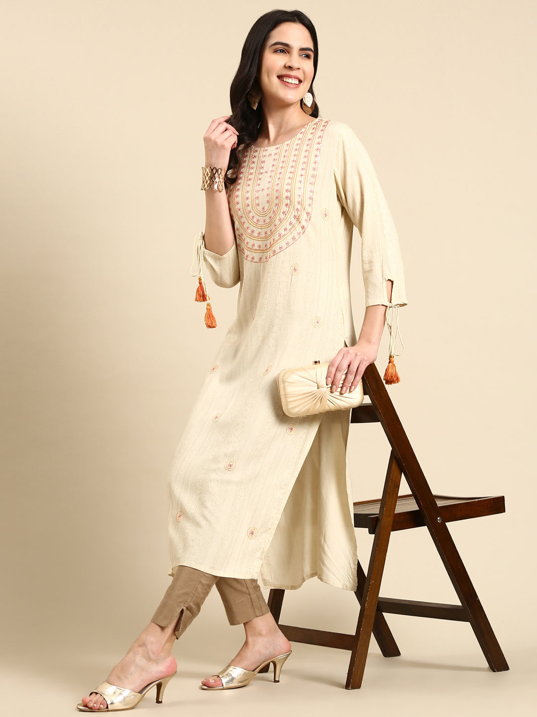 Women's Cream Embroidered Straight Kurta