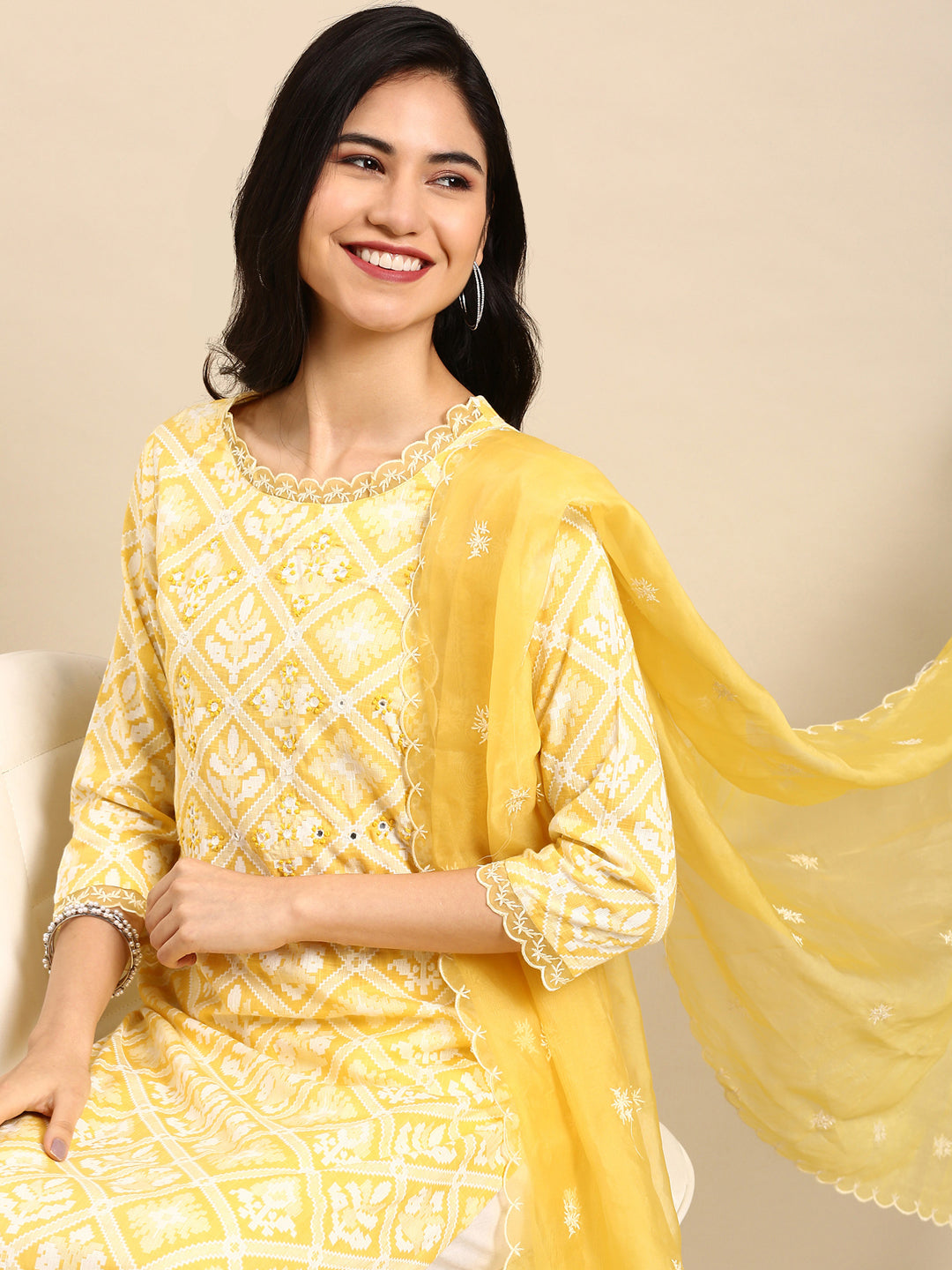 Women's Yellow Printed  Kurta Set