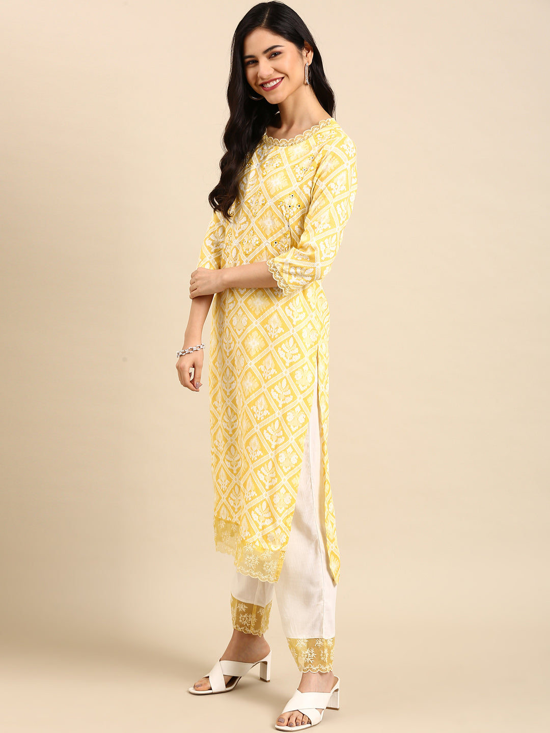 Women's Yellow Printed  Kurta Set