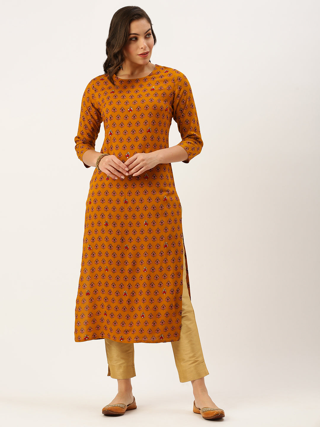 Women's Yellow Printed Straight Kurtas