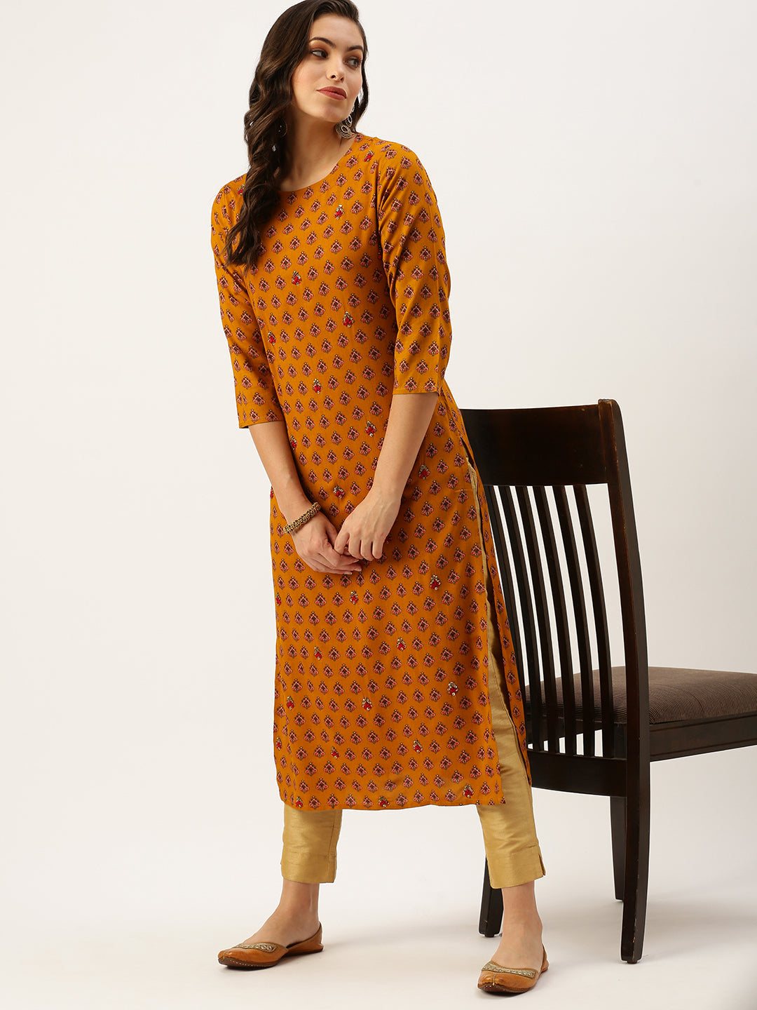 Women's Yellow Printed Straight Kurtas