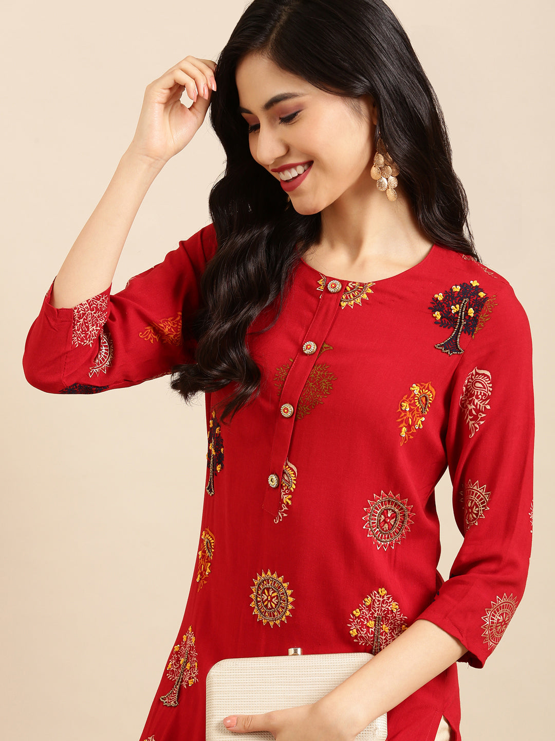 Women's Red Embroidered Straight Kurta