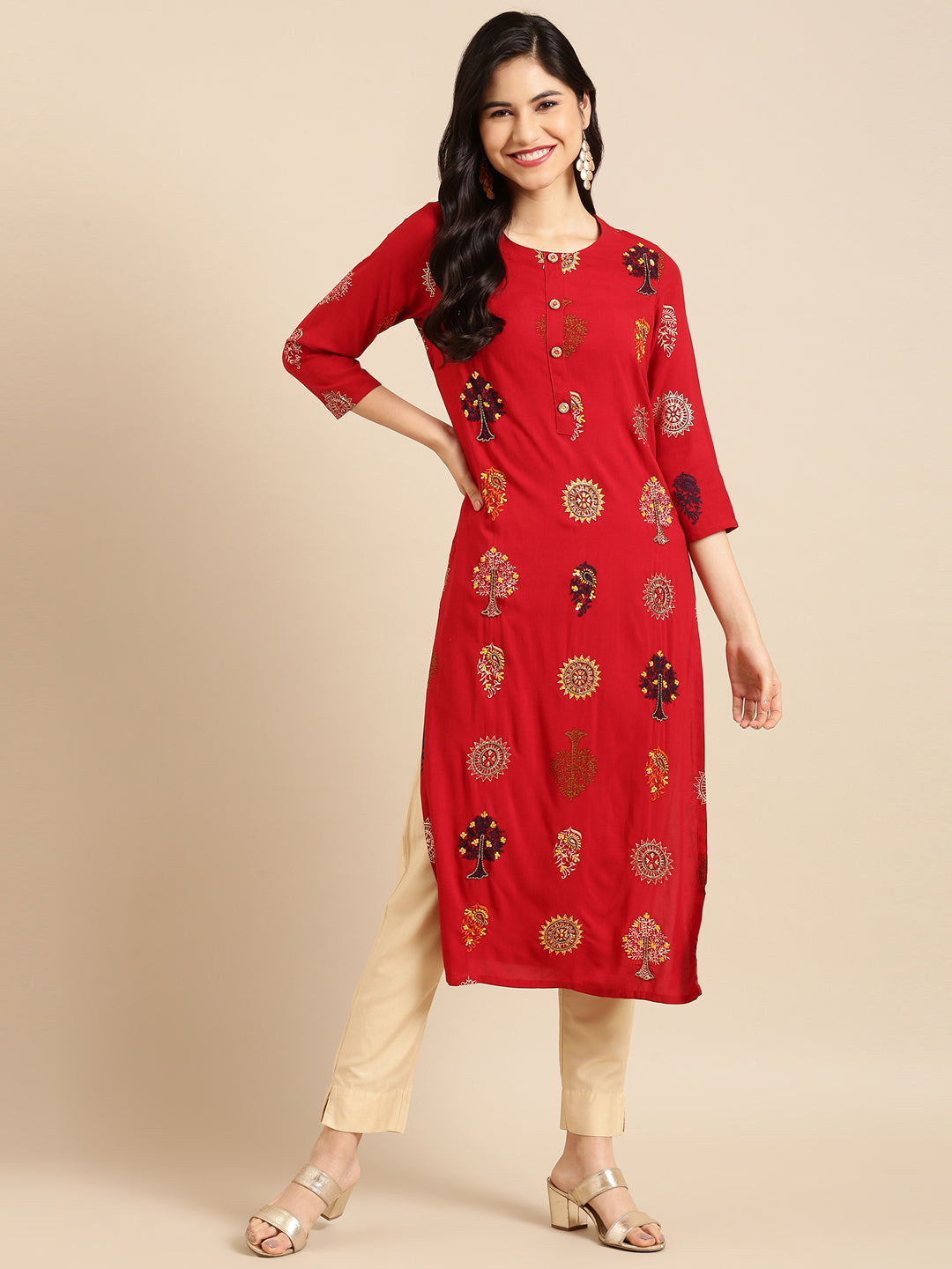 Women's Red Embroidered Straight Kurta