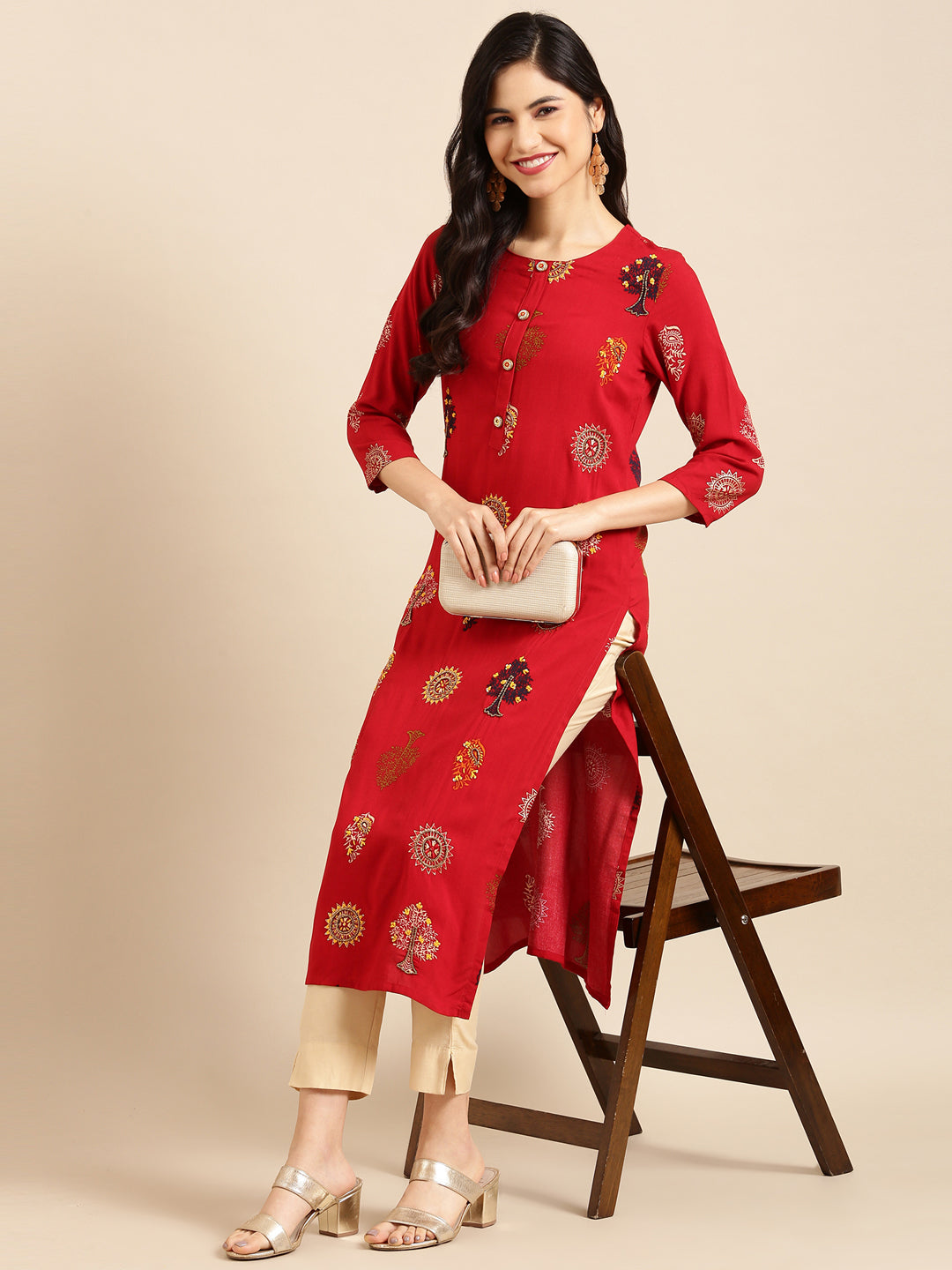 Women's Red Embroidered Straight Kurta