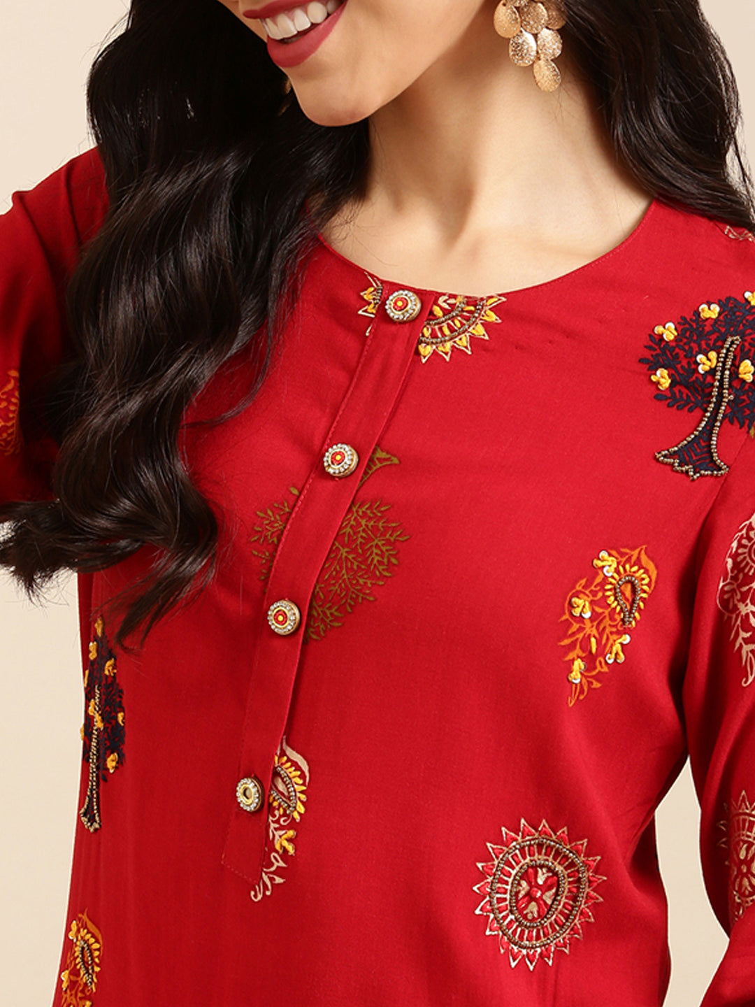 Women's Red Embroidered Straight Kurta