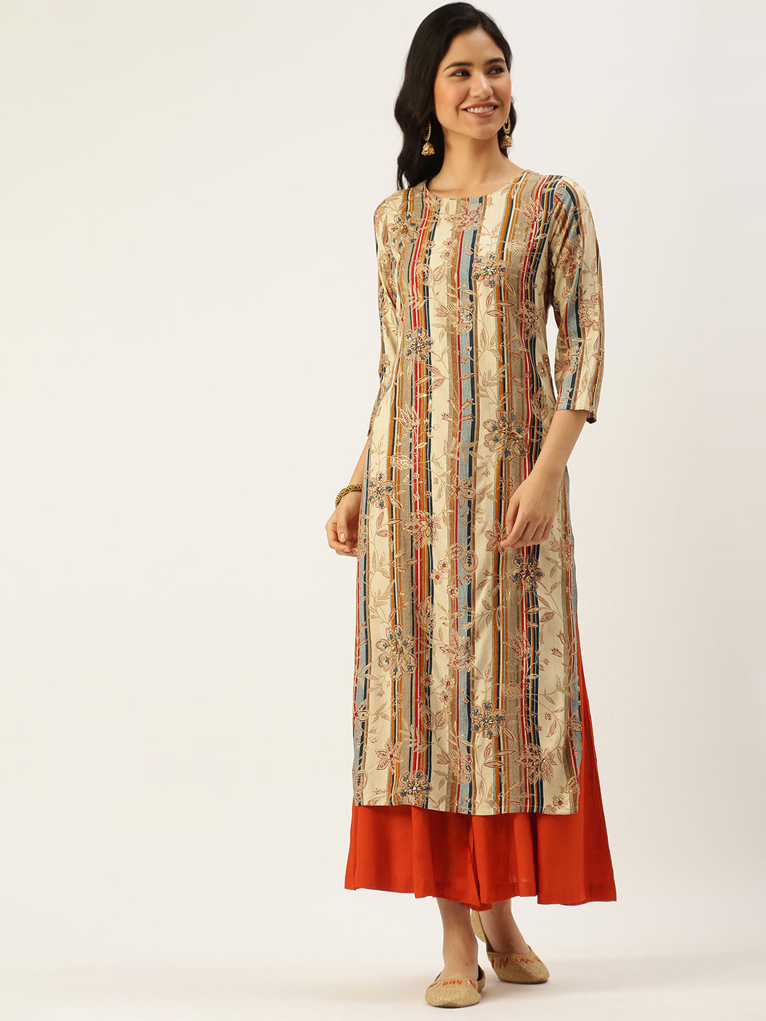 Women's Beige Printed Straight Kurtas