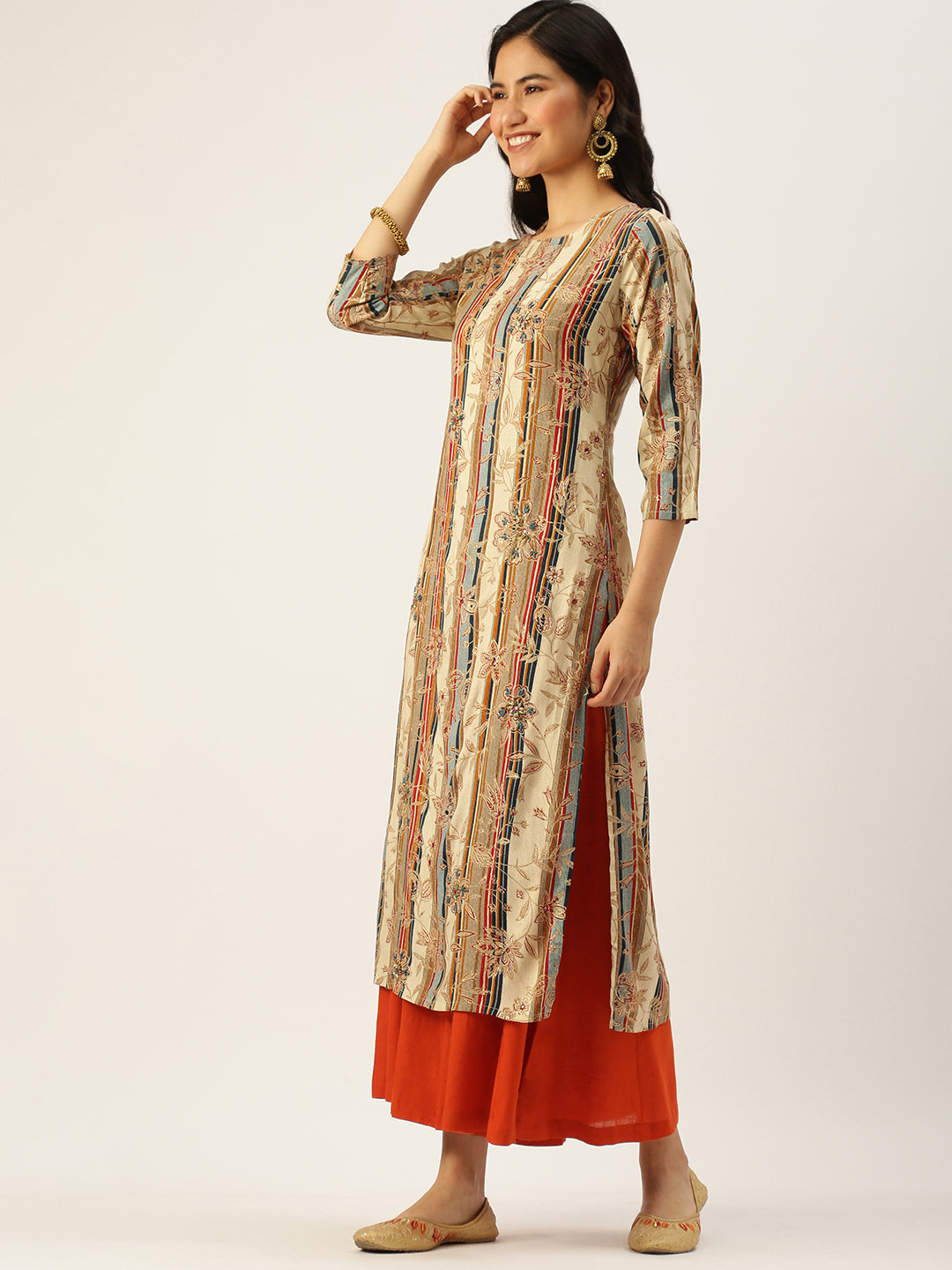 Women's Beige Printed Straight Kurtas