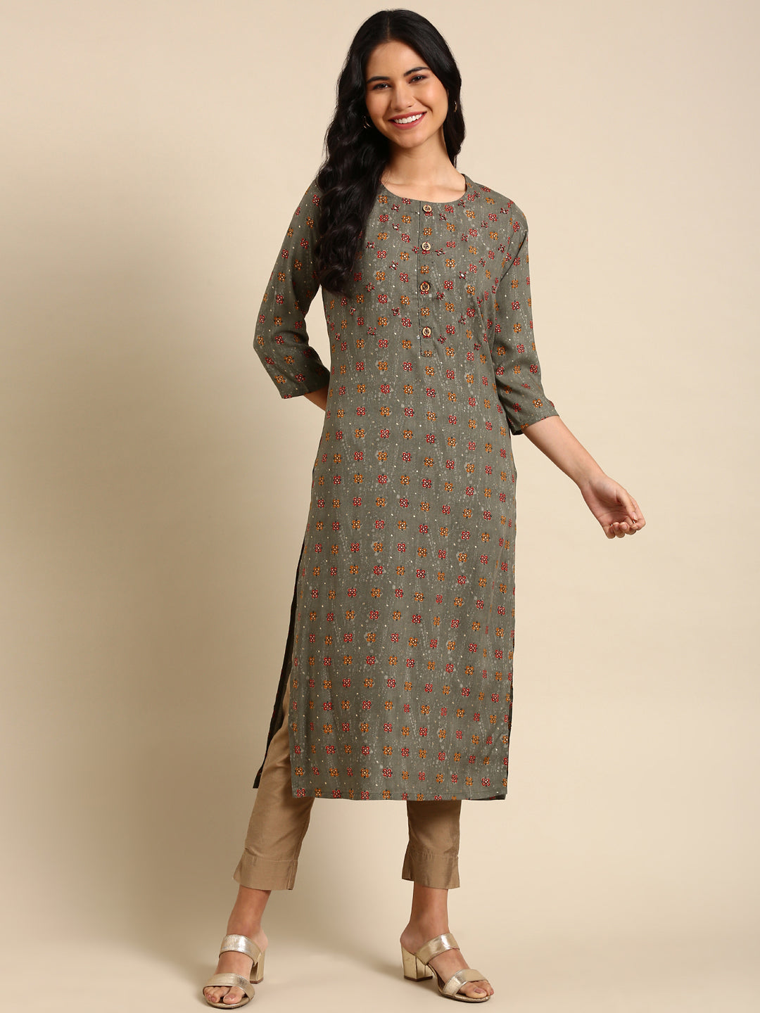 Women's Grey Printed Straight Kurta