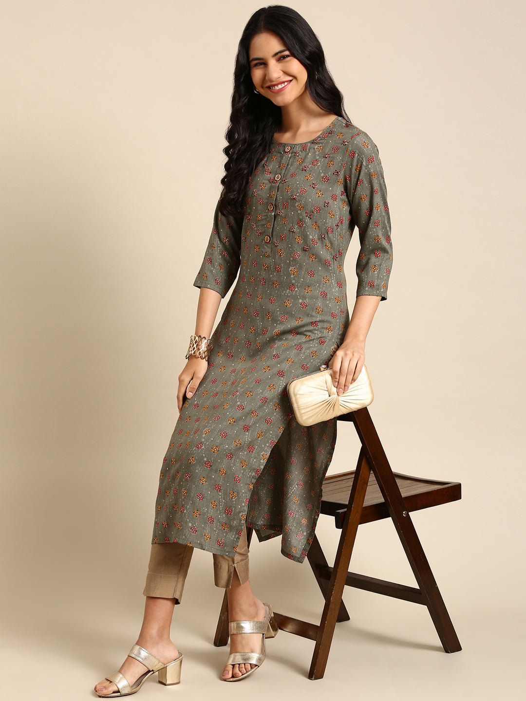 Women's Grey Printed Straight Kurta