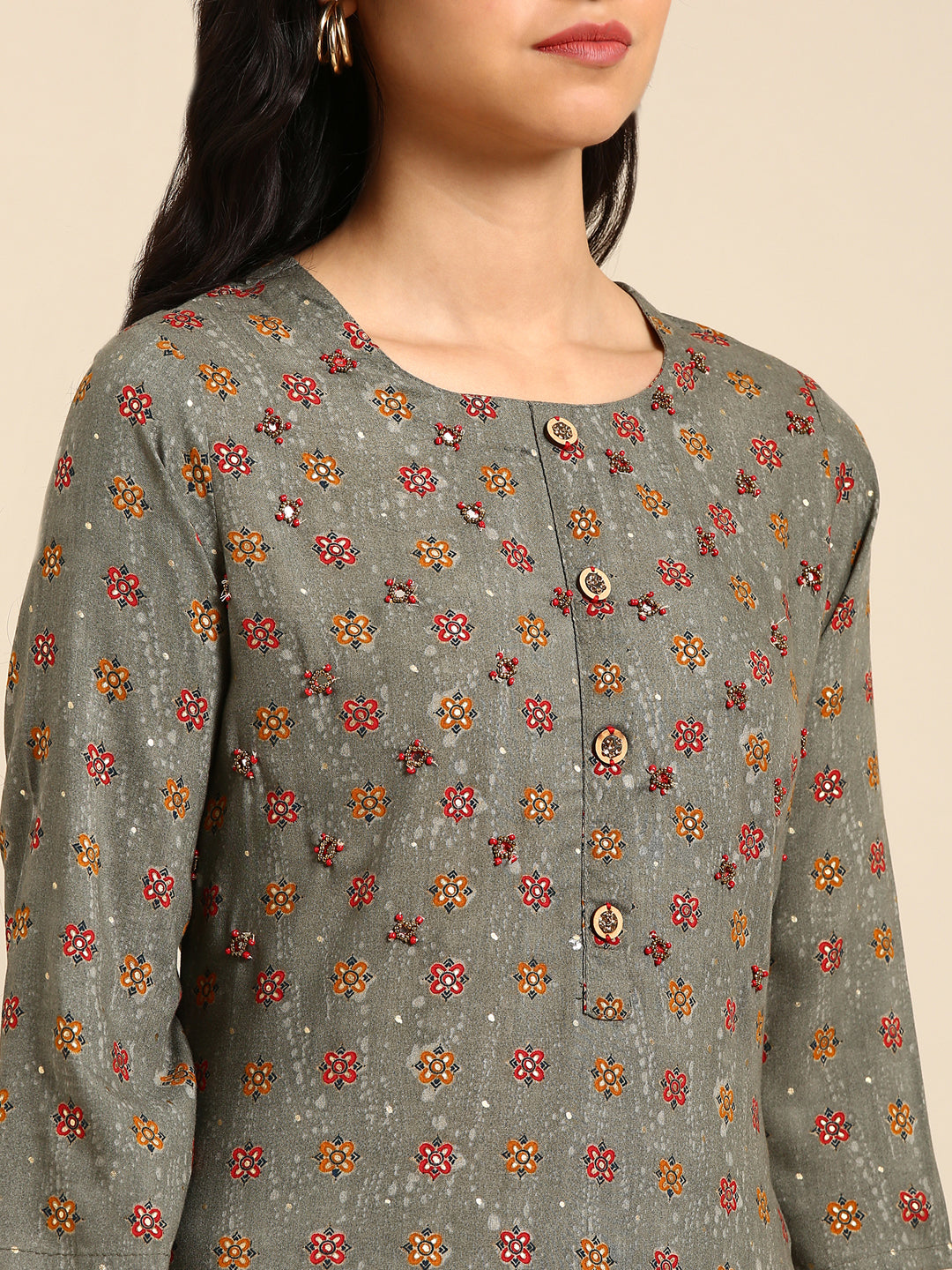 Women's Grey Printed Straight Kurta