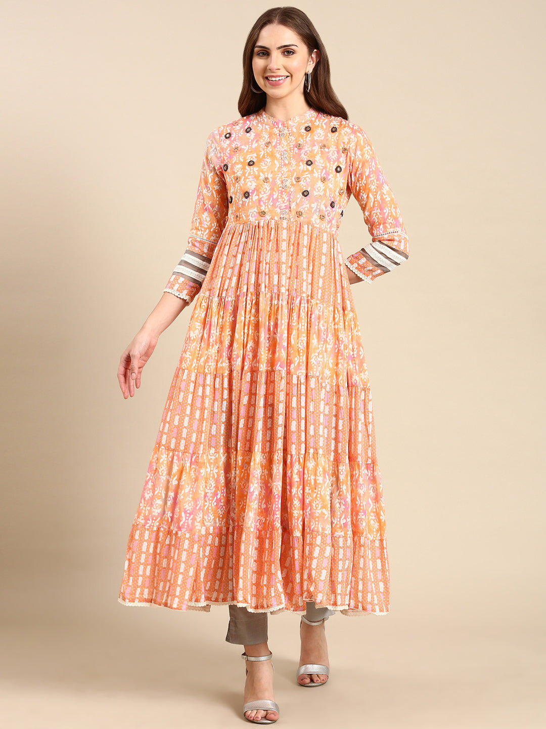 Women's Peach Printed Anarkali Kurta