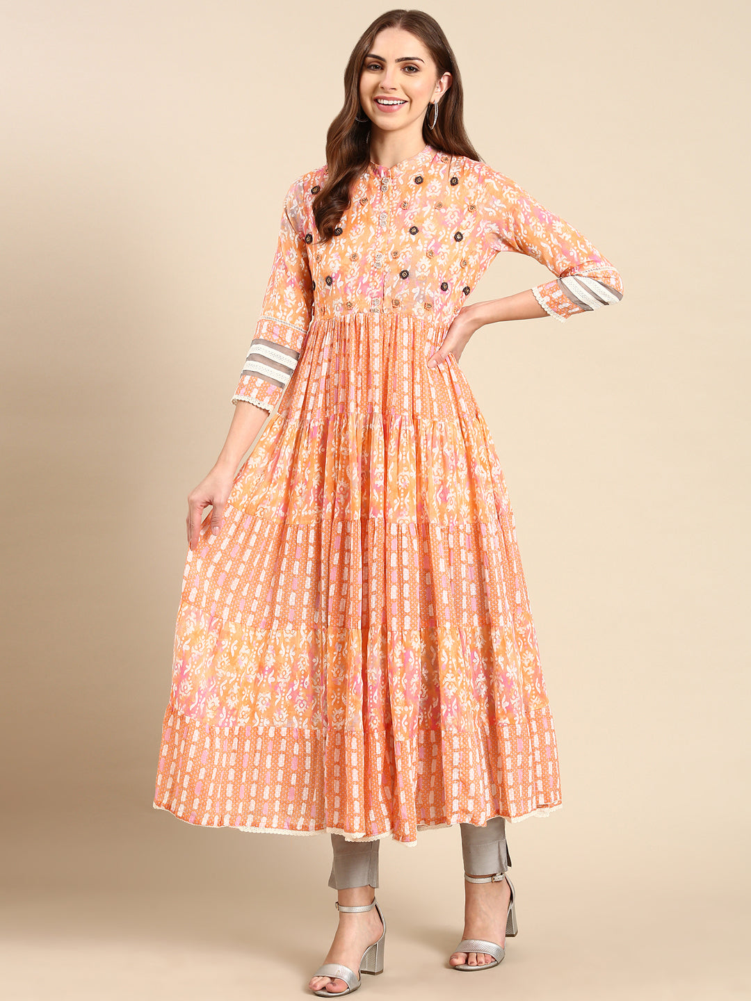 Women's Peach Printed Anarkali Kurta