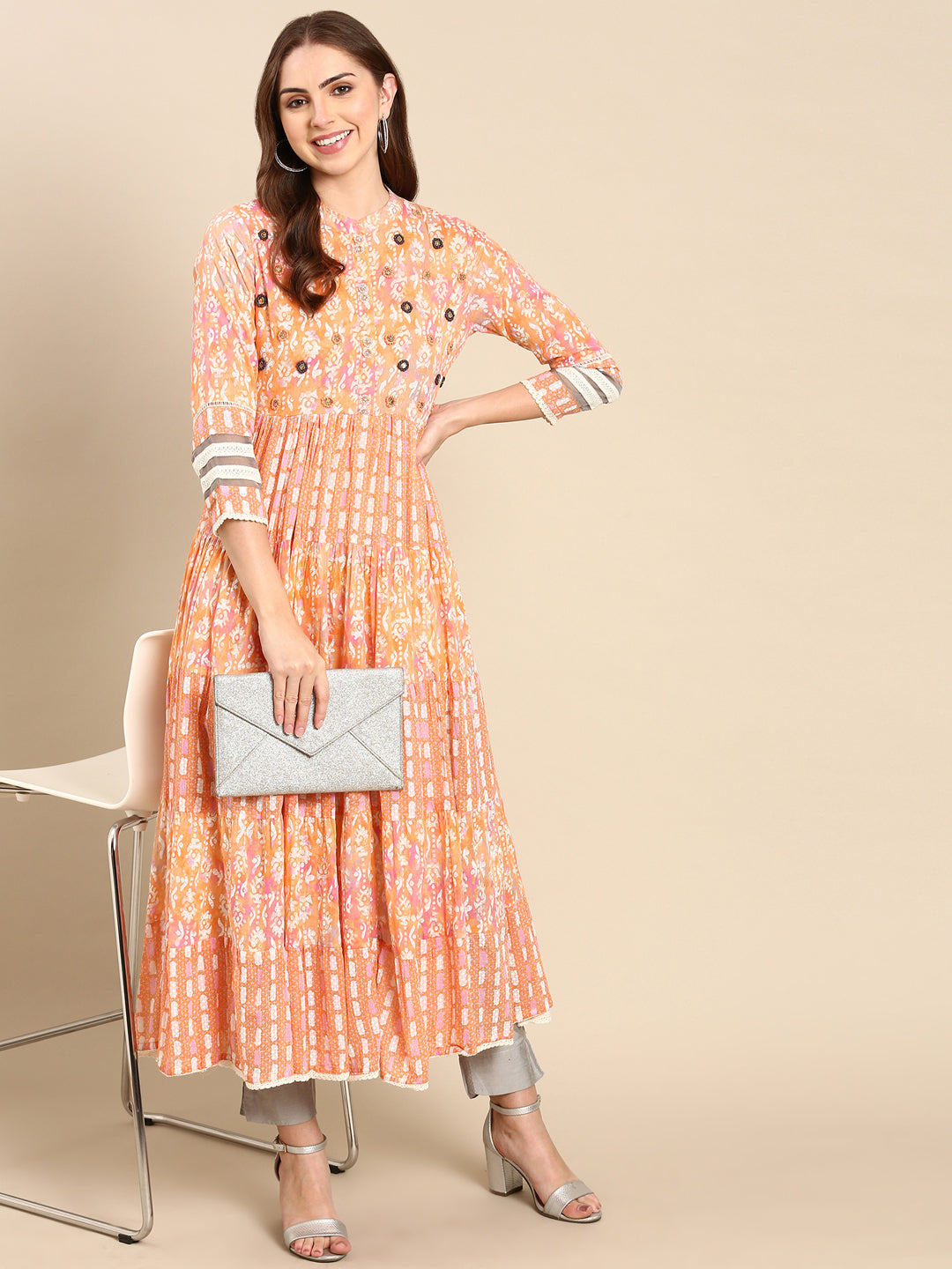 Women's Peach Printed Anarkali Kurta