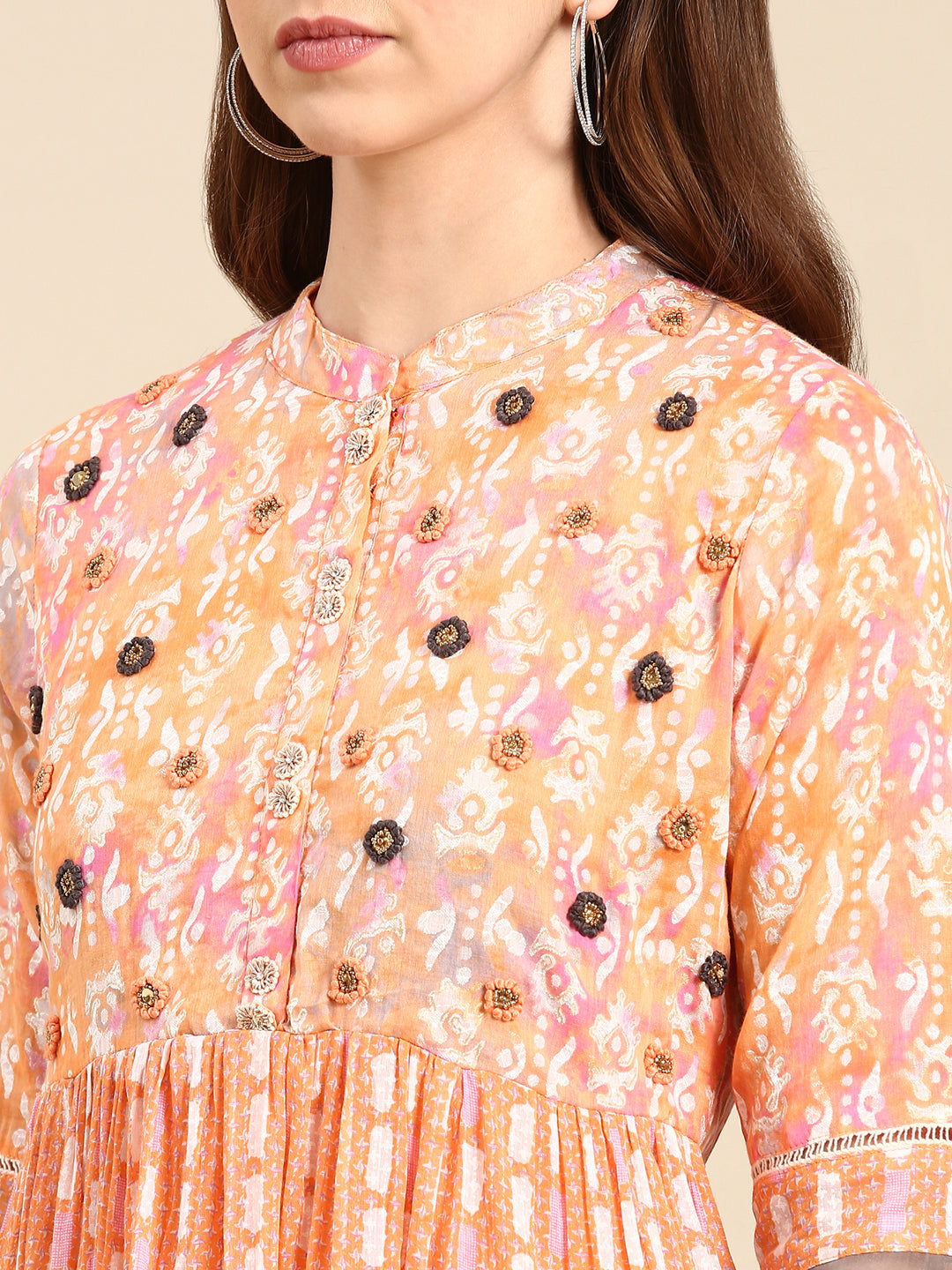 Women's Peach Printed Anarkali Kurta