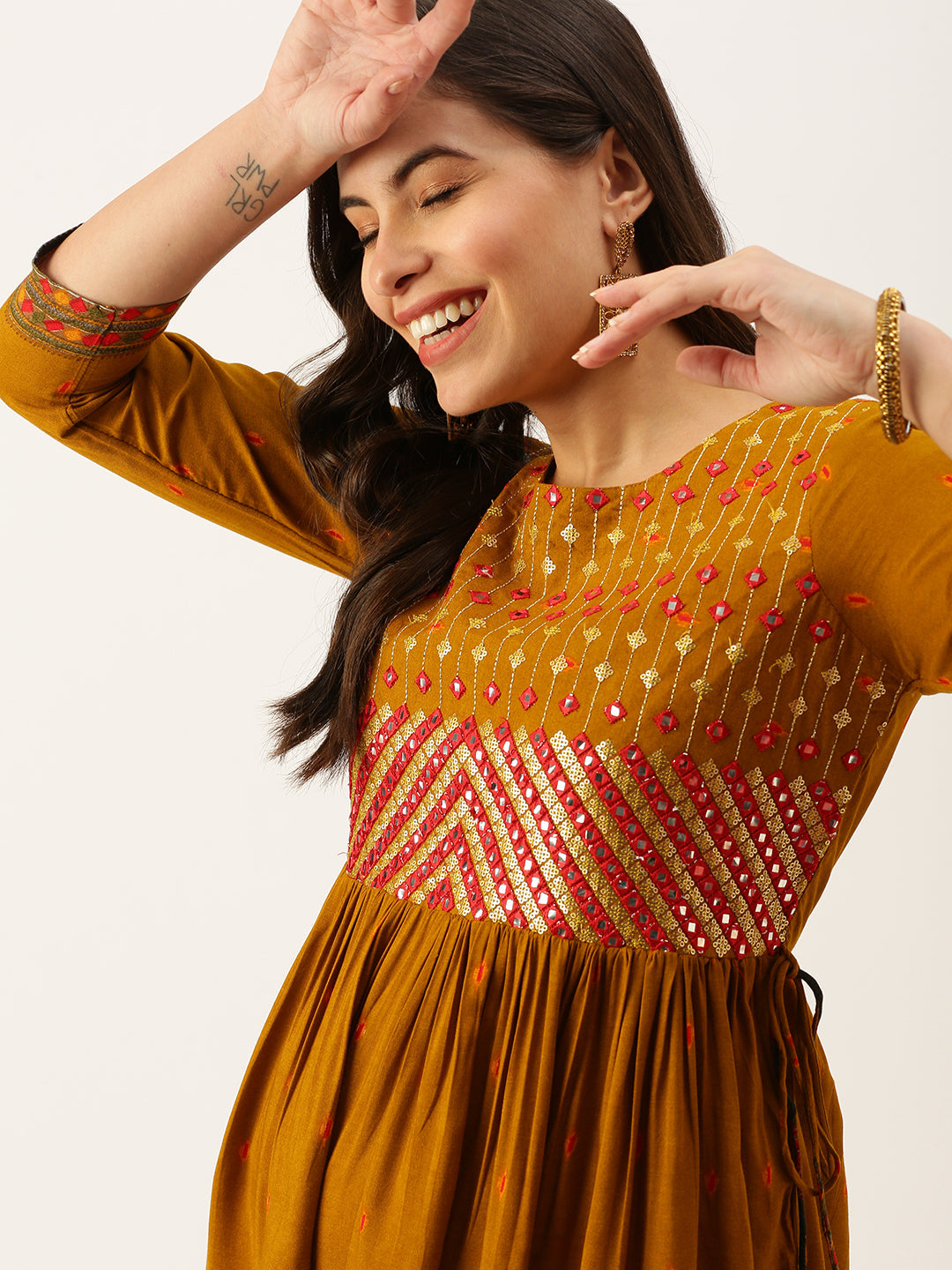 Women's Mustard Printed A-Line Kurtas