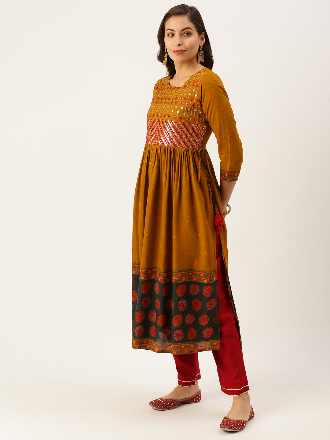 Women's Mustard Printed A-Line Kurtas