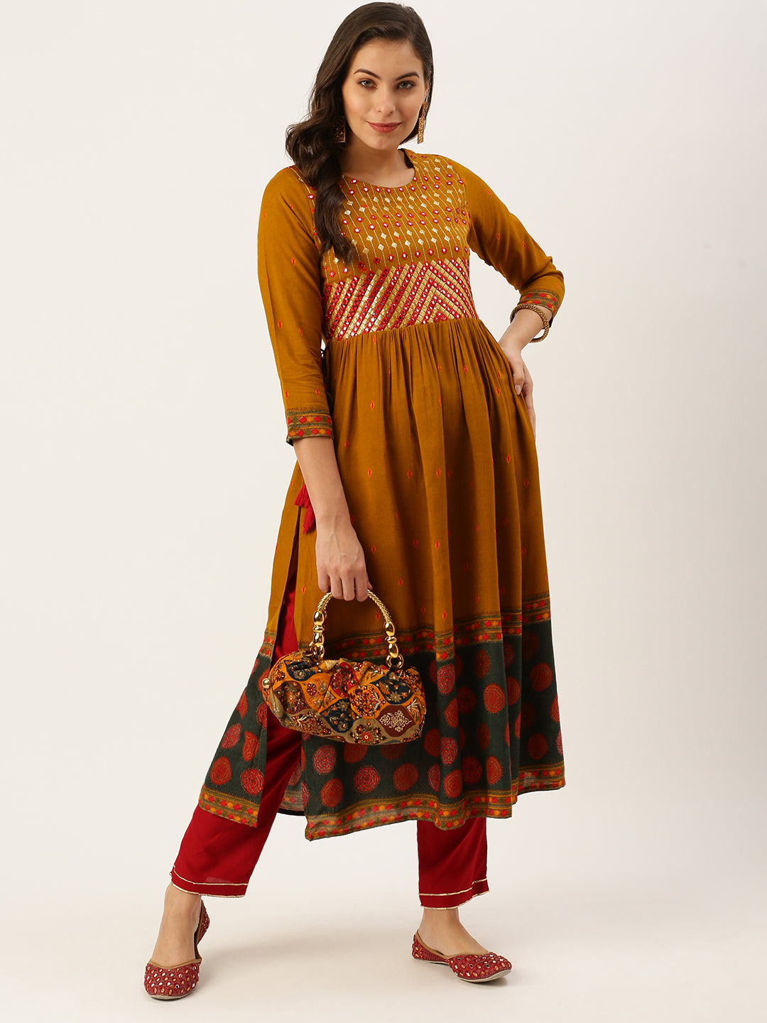 Women's Mustard Printed A-Line Kurtas
