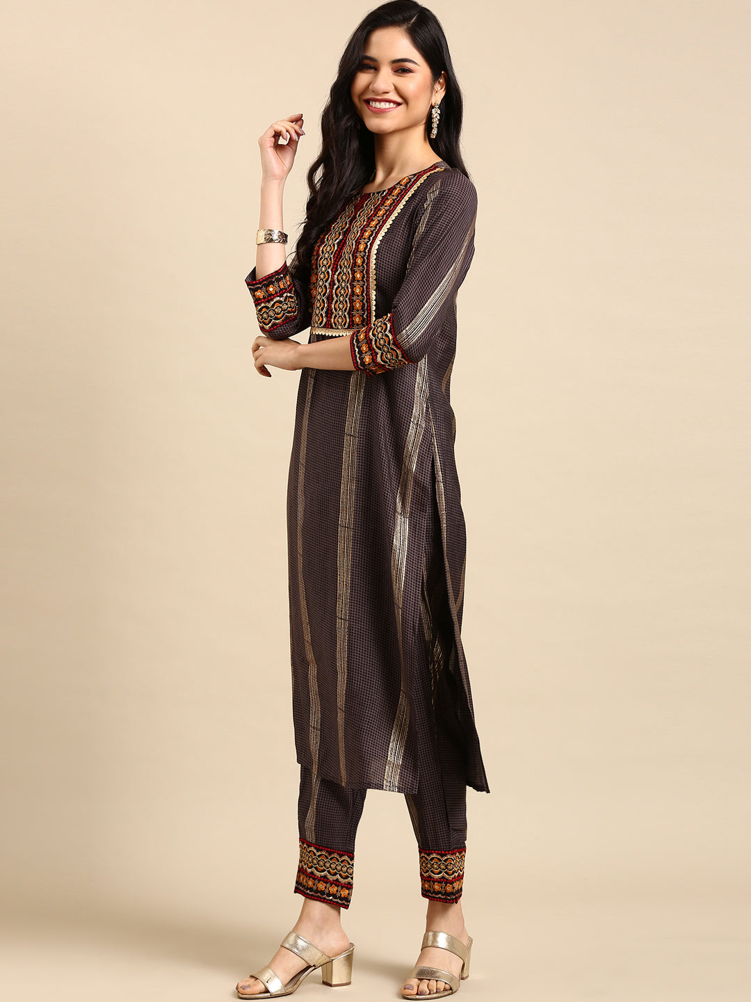 Women's Grey Checked  Kurta Set