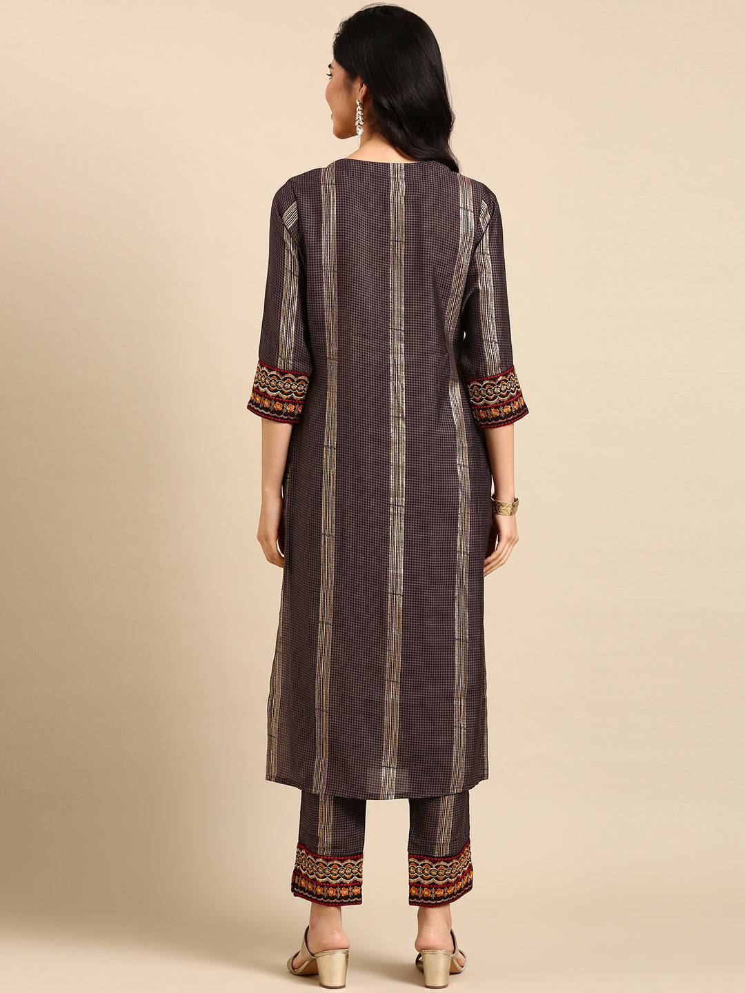 Women's Grey Checked  Kurta Set