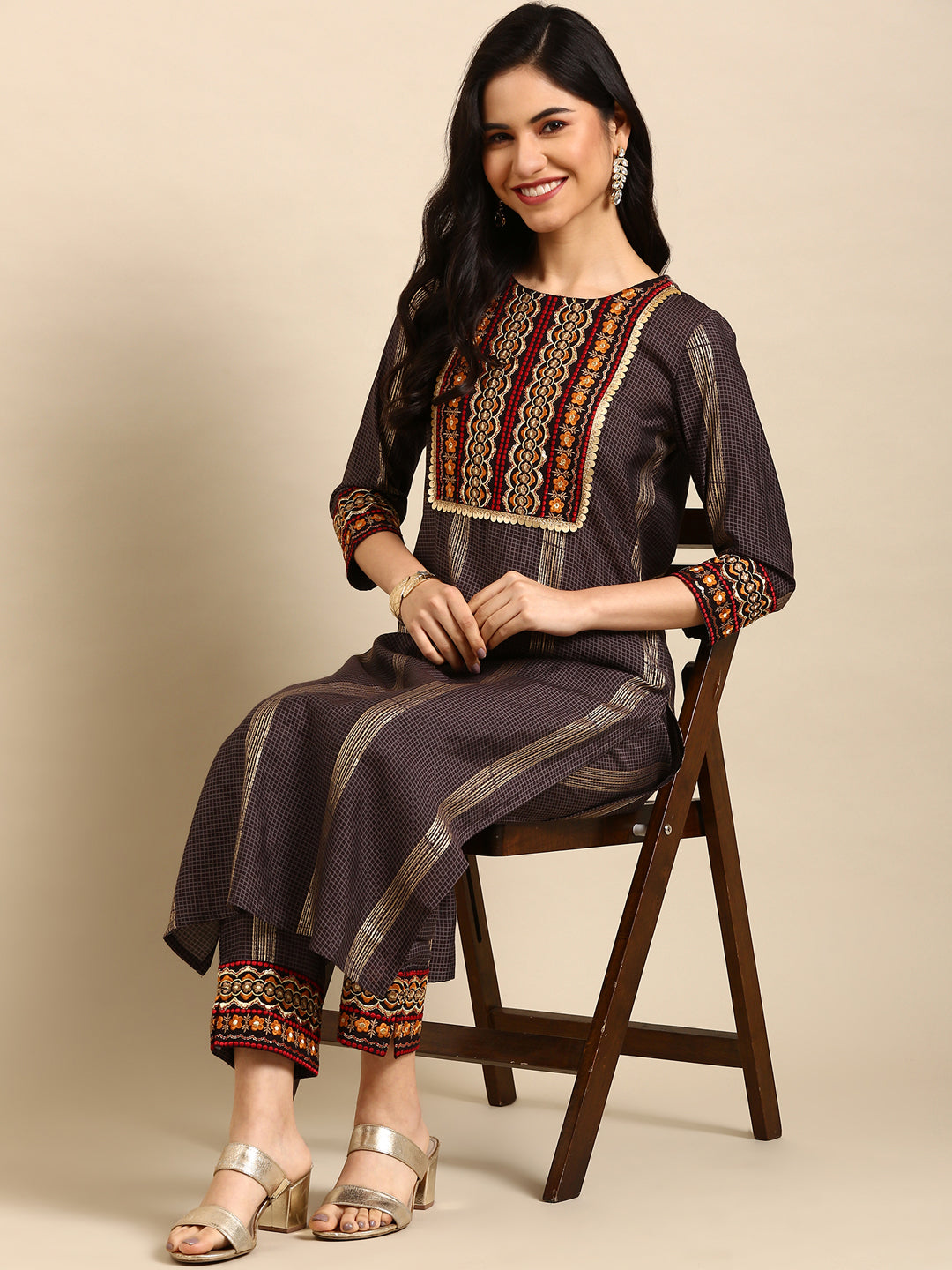 Women's Grey Checked  Kurta Set