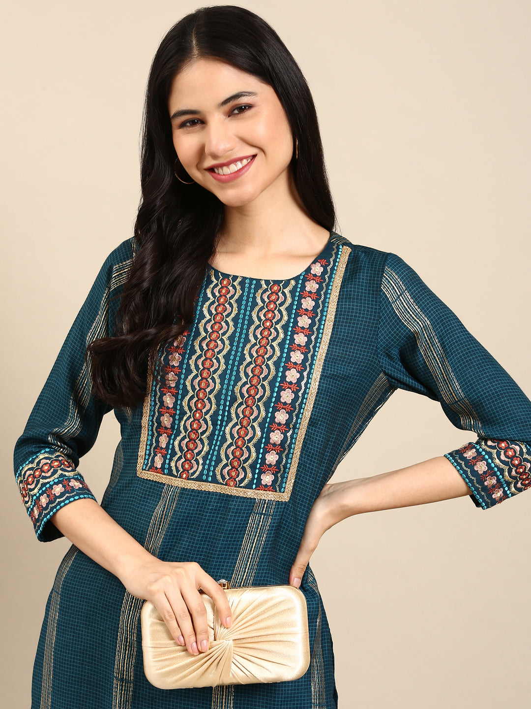 Women's Blue Checked Kurta Set