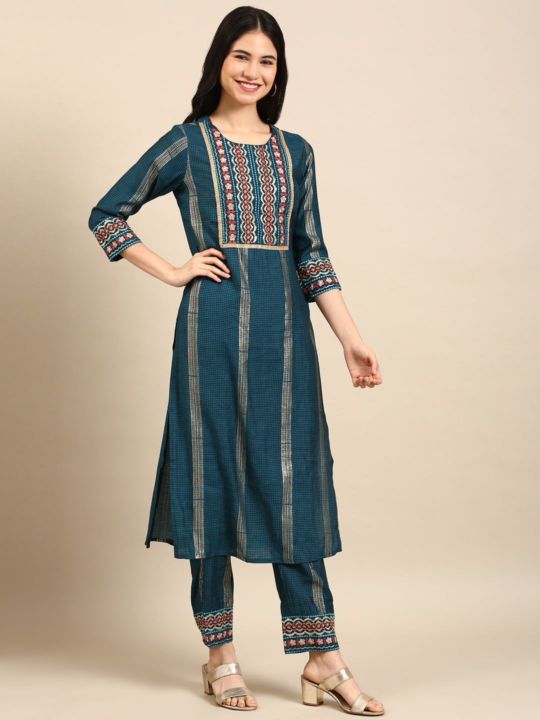 Women's Blue Checked Kurta Set