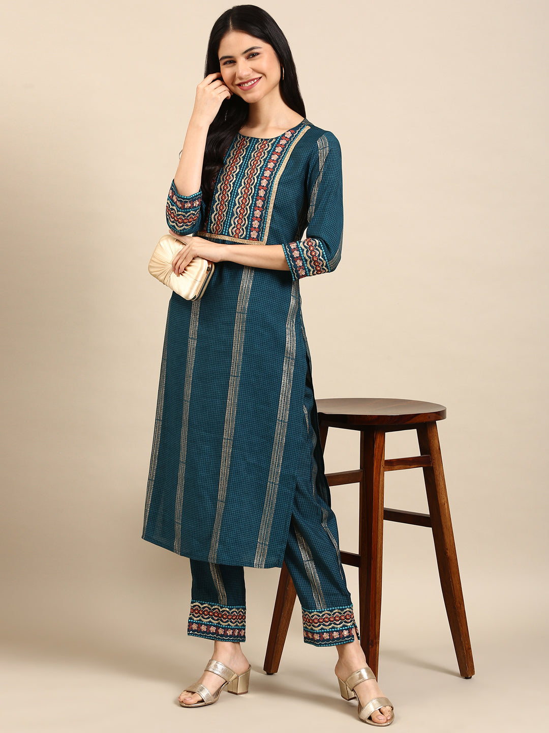 Women's Blue Checked Kurta Set