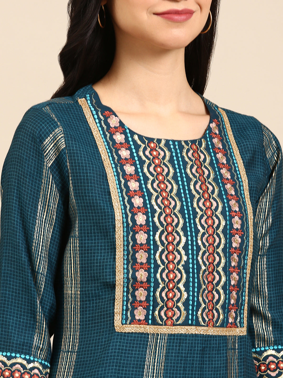 Women's Blue Checked Kurta Set