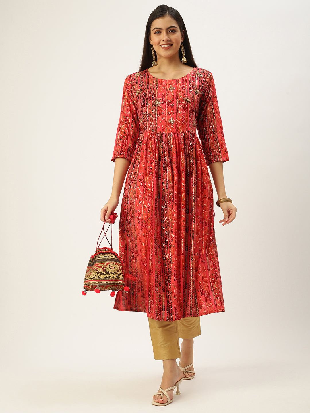 Women's Pink Printed A-Line Kurtas