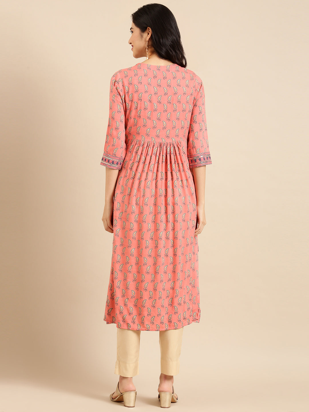 Women's Peach Printed A-Line Kurta