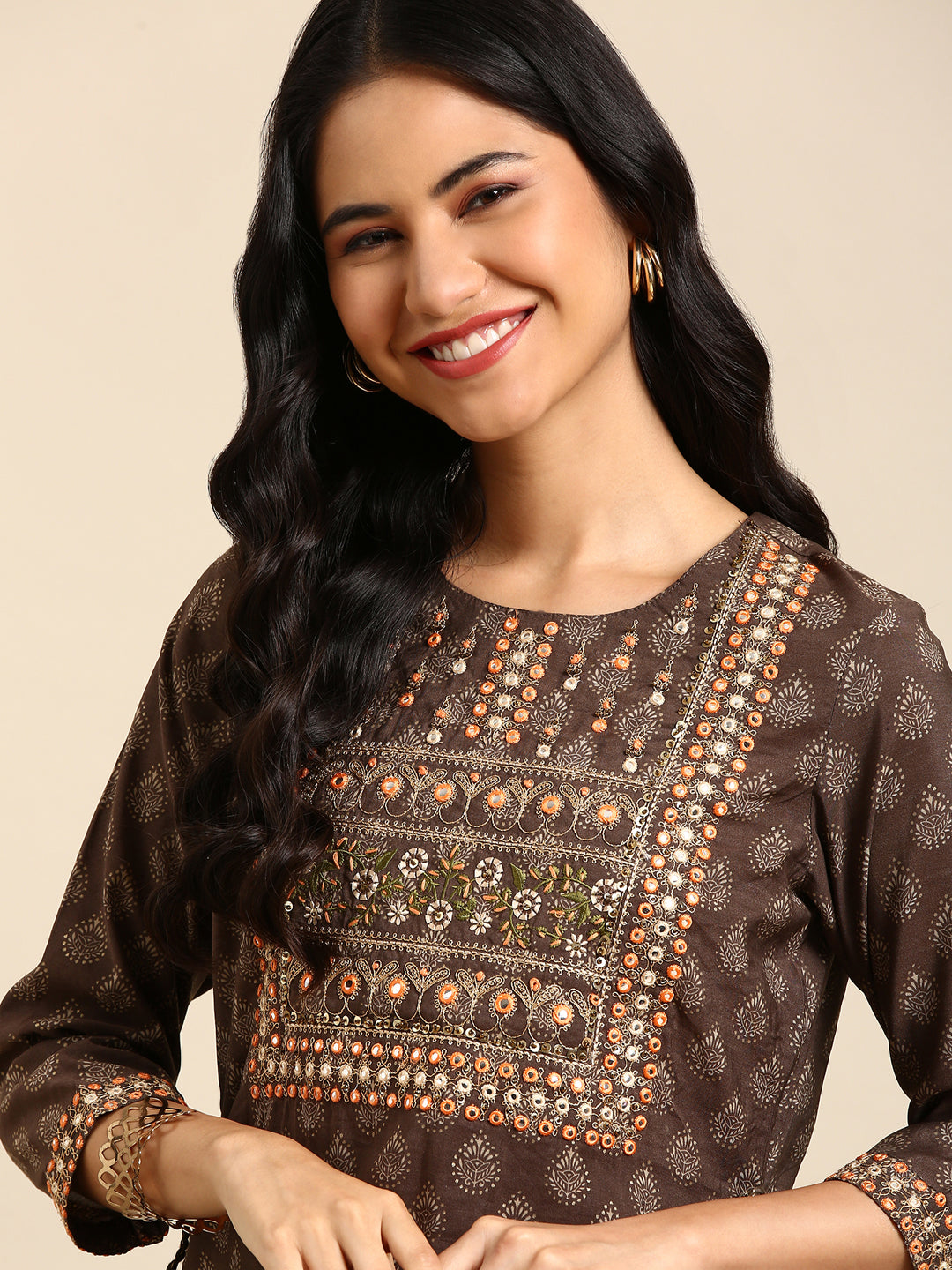 Women's Brown Printed Straight Kurta