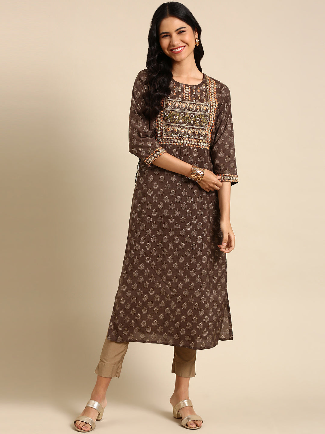 Women's Brown Printed Straight Kurta