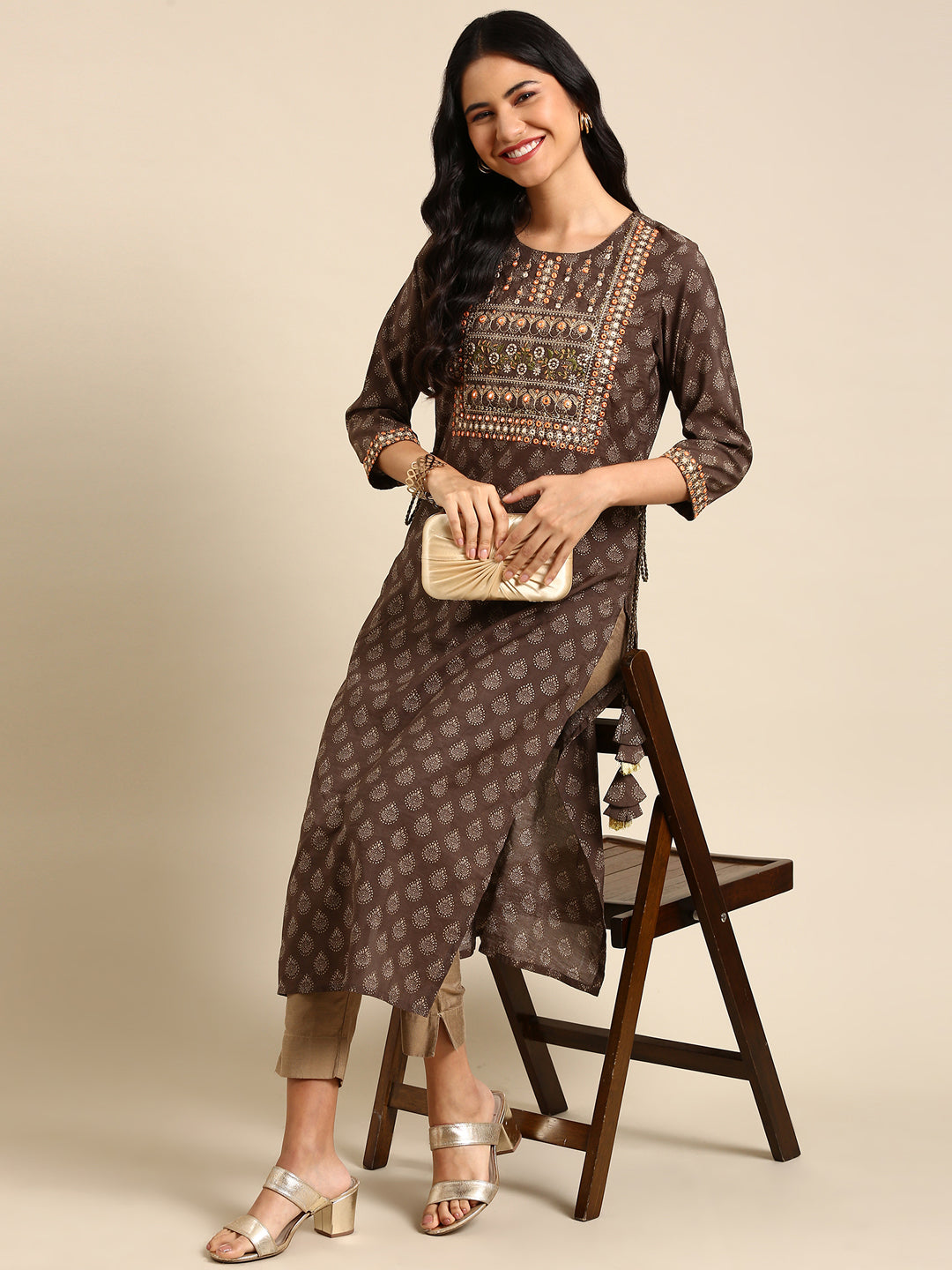 Women's Brown Printed Straight Kurta