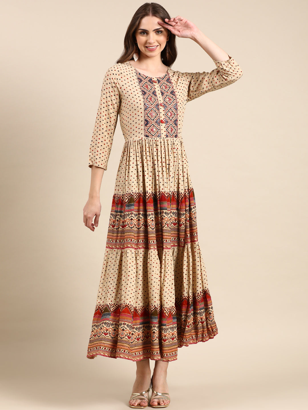 Women's Beige Printed Anarkali Kurta