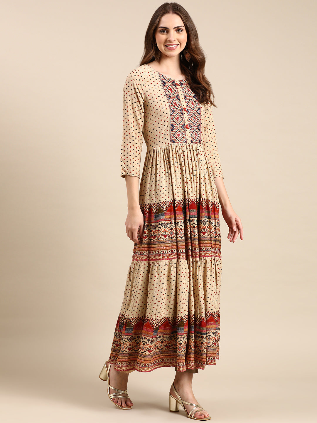 Women's Beige Printed Anarkali Kurta