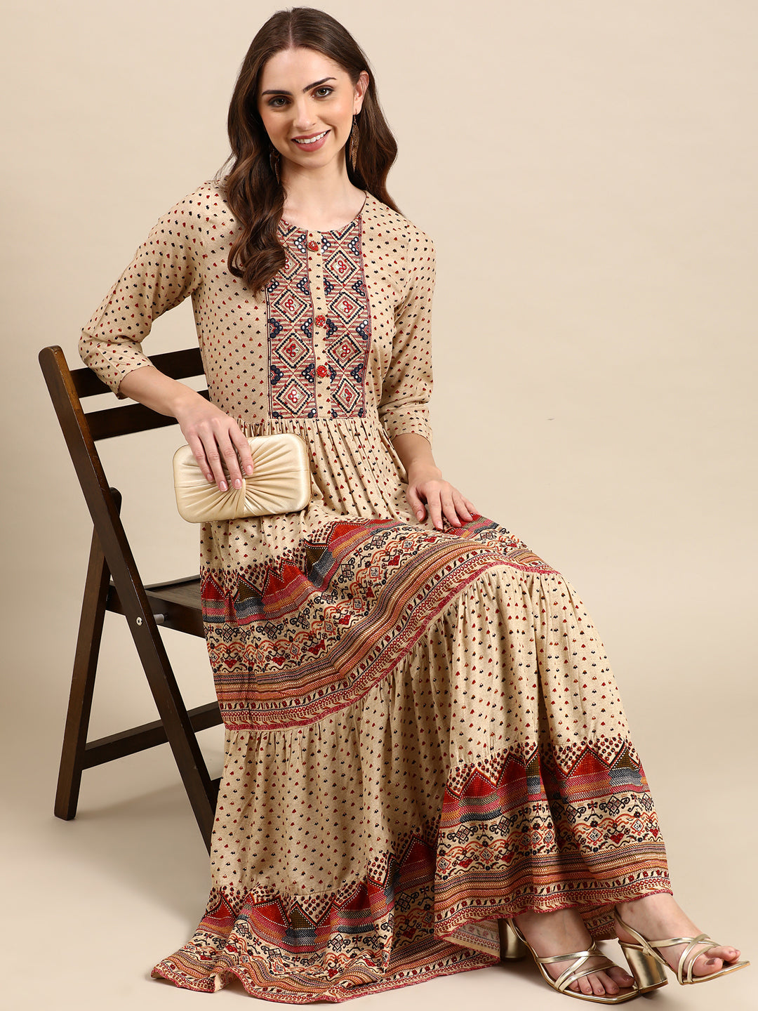 Women's Beige Printed Anarkali Kurta