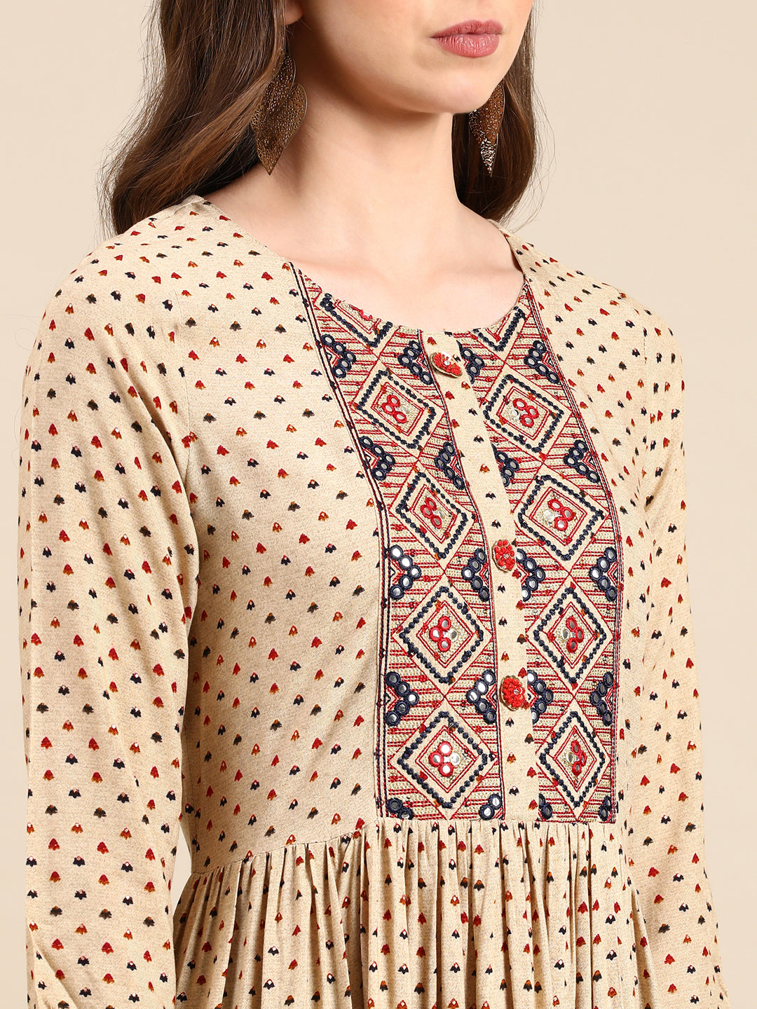 Women's Beige Printed Anarkali Kurta