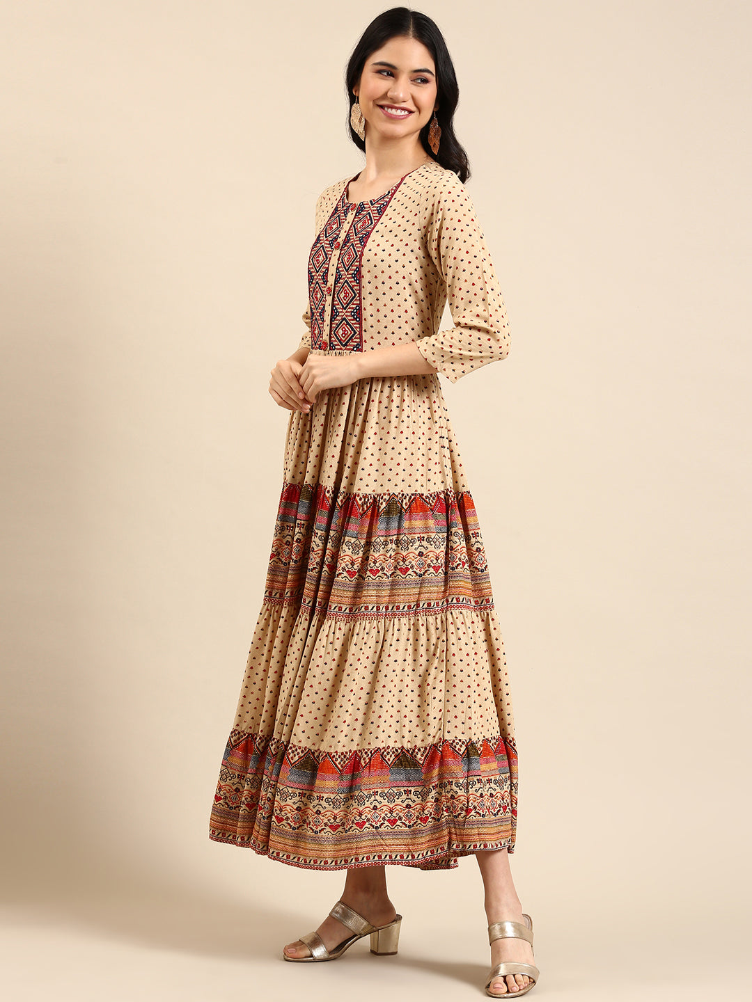 Women's Beige Embellished Anarkali Kurta