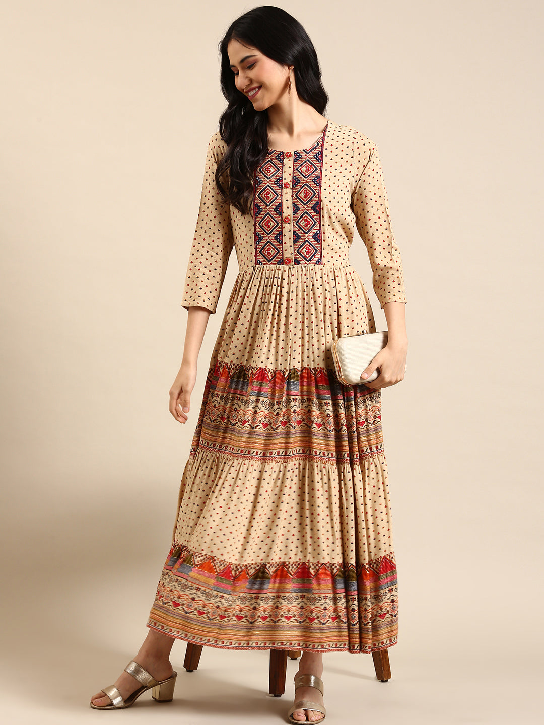 Women's Beige Embellished Anarkali Kurta