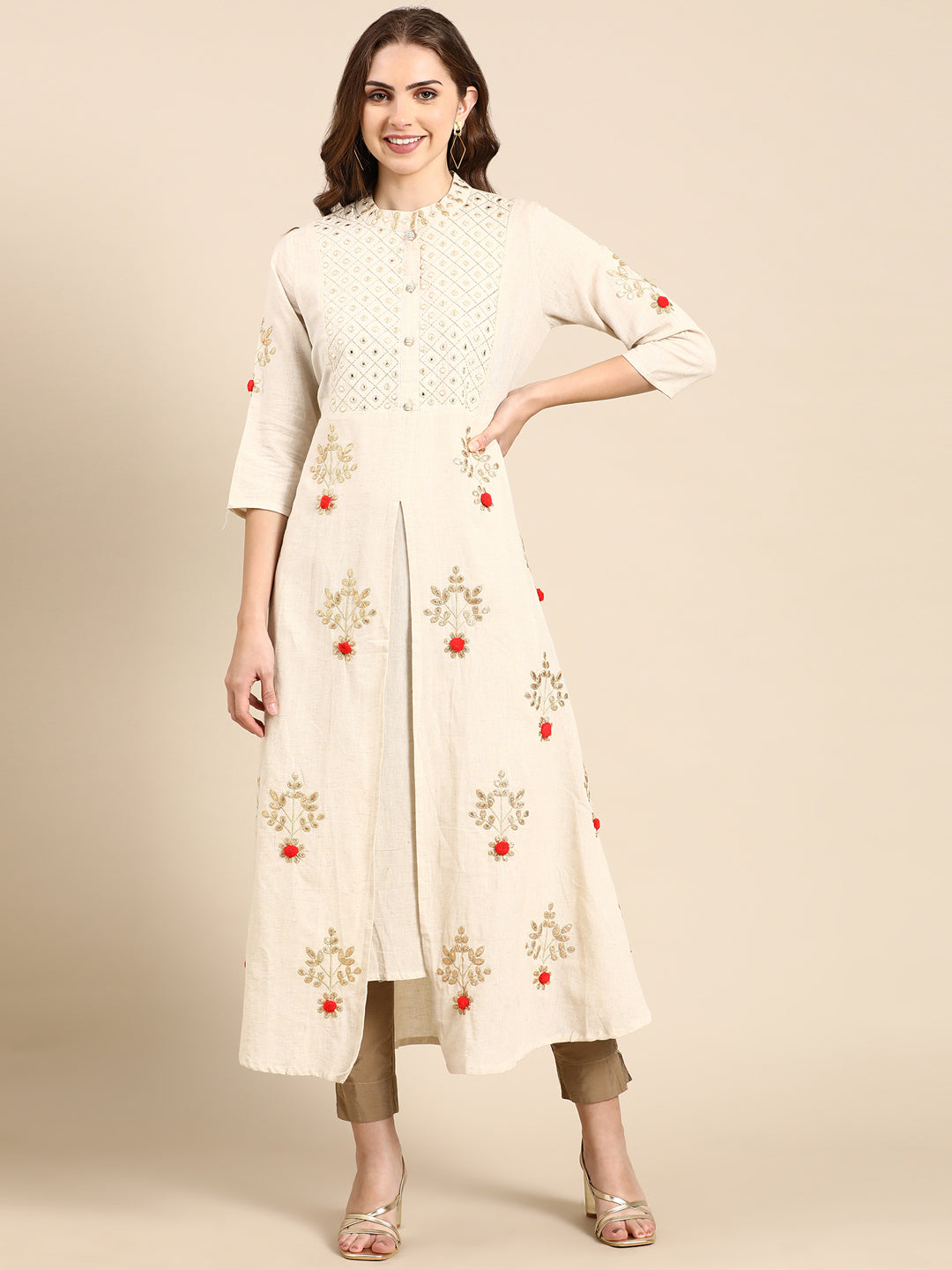 Women's Off White Embellished A-Line Kurta