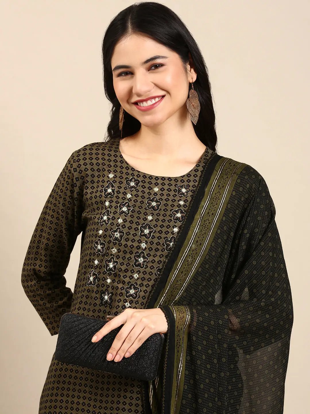 Women's Olive Geometrical Kurta Set