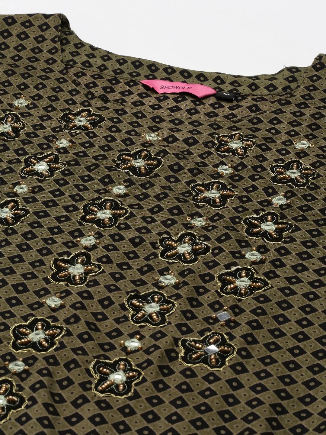 Women's Olive Geometrical Kurta Set