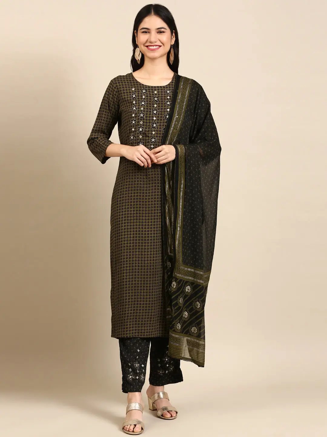 Women's Olive Geometrical Kurta Set