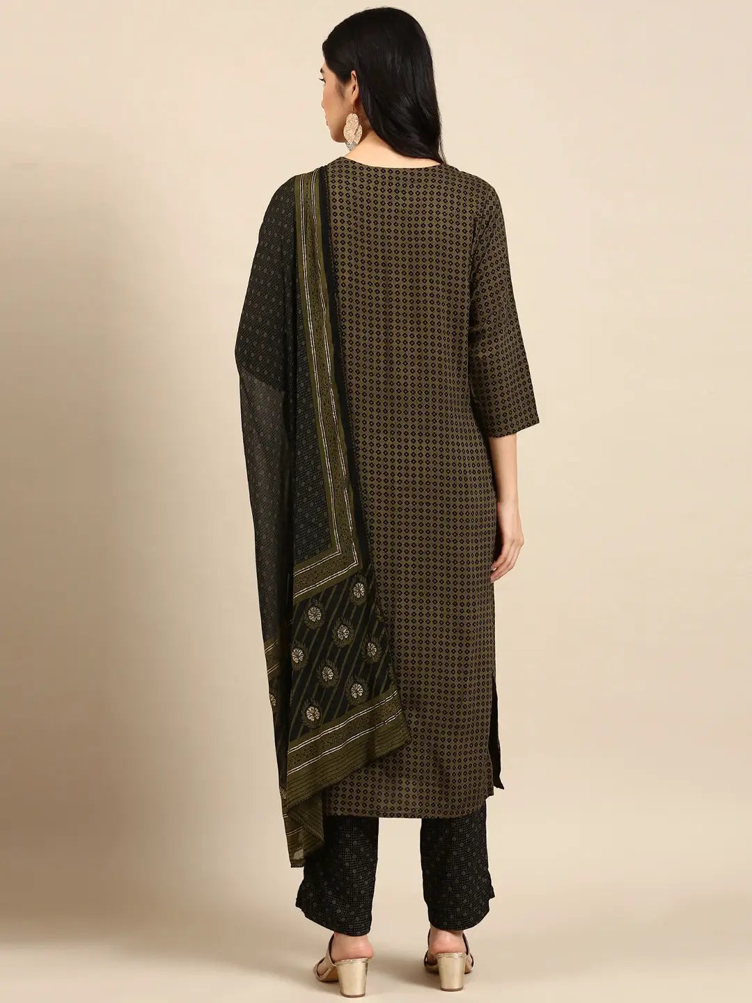 Women's Olive Geometrical Kurta Set