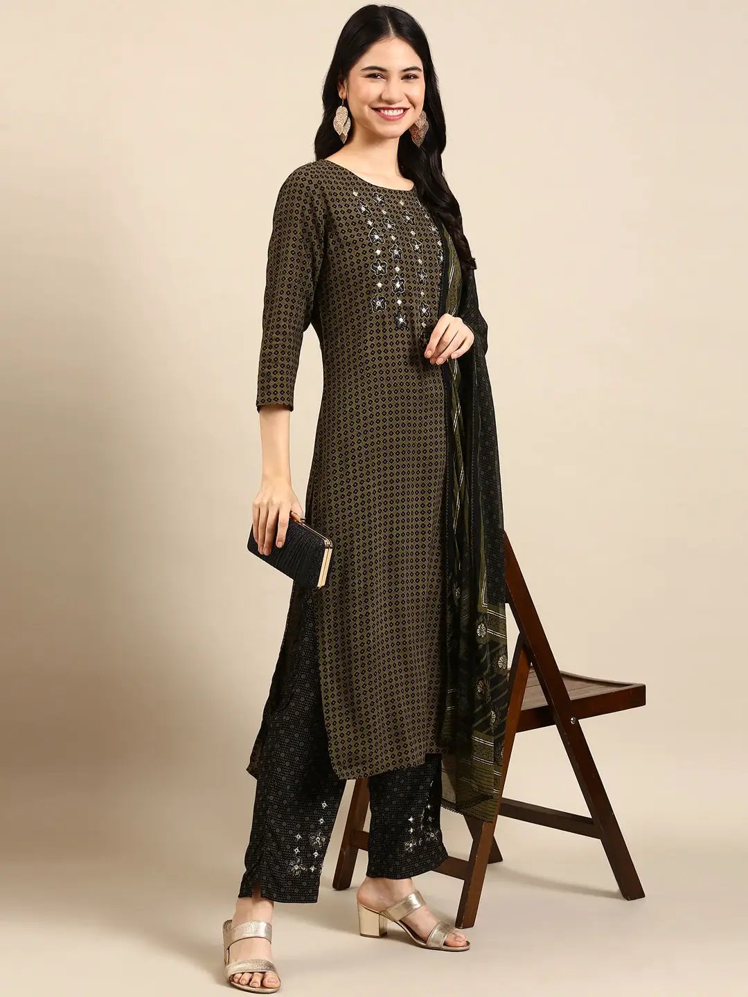 Women's Olive Geometrical Kurta Set