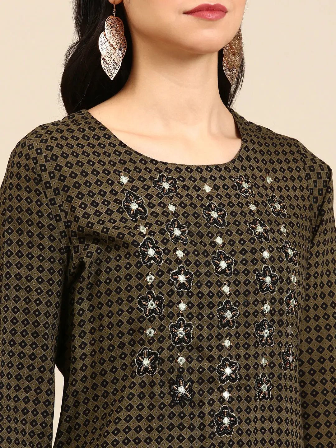 Women's Olive Geometrical Kurta Set